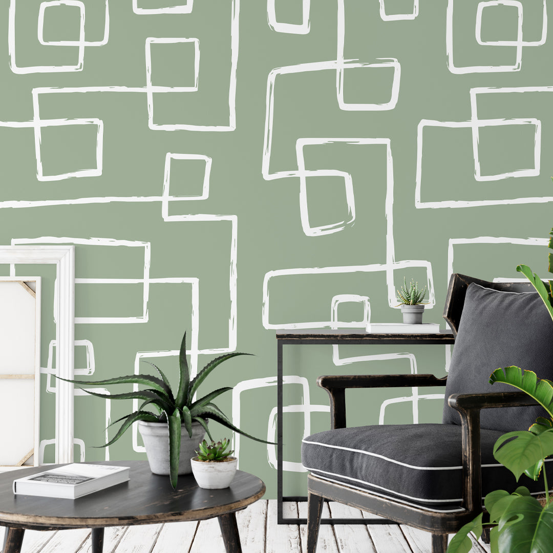 Green and White Abstract Line Self Adhesive Wallpaper W018