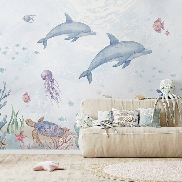 Blue Dolphins Wall Mural SM060 - CostaCover - Peel and stick Removable Wallpaper - accent wallpaper - adhesive wallpaper - baby bedroom