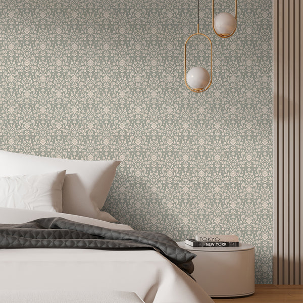 Sage green and ivory damask wallpaper featuring a repeating botanical vine design with subtle woven texture for a cozy bedroom or living room accent wall.