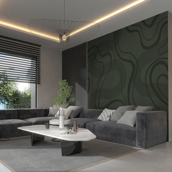 Olive green wall mural with sweeping organic curves and subtle tonal texture, ideal for a contemporary living room or bedroom accent wall.