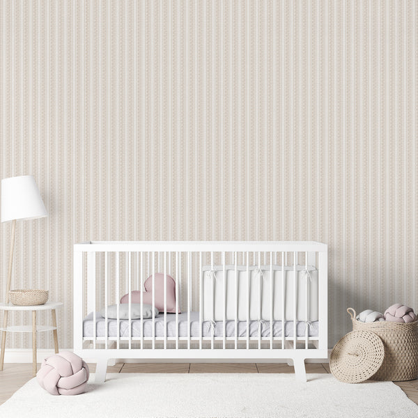 Soft beige striped wallpaper featuring elegant white floral vine details brings timeless farmhouse charm to nursery walls, cozy bedrooms, powder rooms, and classic home decor.