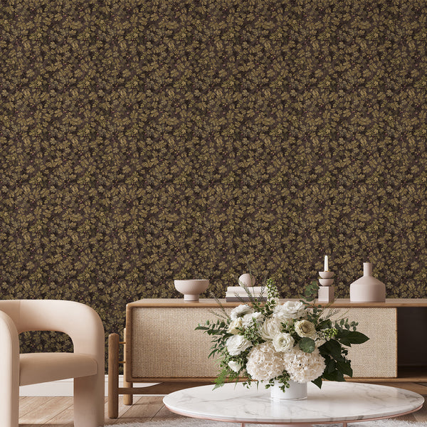 Vintage botanical wallpaper with golden olive fig leaves and deep plum fruits against a rich chocolate brown background for a cozy country bedroom.
