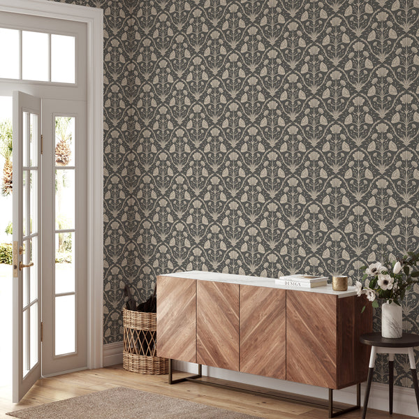 High-quality removable wallpaper with stylized flower motifs, enhancing any room with its vintage, structured design.