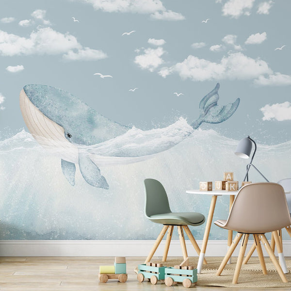 Blue Whale & Sky Wall Mural SM057 - CostaCover - Peel and stick Removable Wallpaper - accent wallpaper - adhesive wallpaper - Aqua blue wallpaper