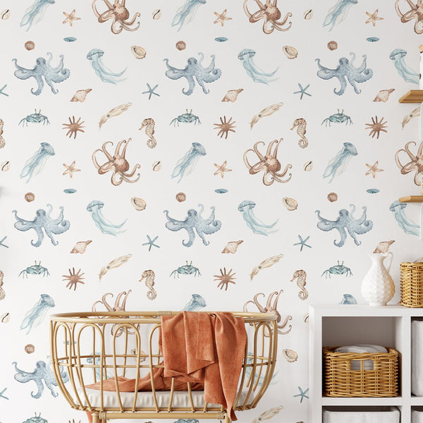 Blue Beige Undersea World Wallpaper CC353 - CostaCover - Peel and stick Removable Wallpaper - Abstract - abstract wallpaper - accent wallpaper