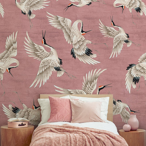 Flying Pink Japanese Cranes Wall Mural WM115 - CostaCover - Peel and stick Removable Wallpaper - accent wallpaper - adhesive wallpaper - animal texture