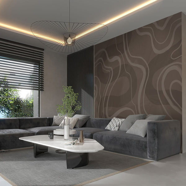 Brown abstract wall mural with sweeping curved lines and layered earthy brown shades, ideal for a minimalist bedroom or modern living room.