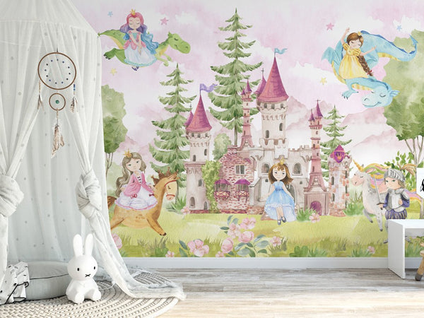 Magic Castle with Princesses Wall Mural WM069 - CostaCover - Peel and stick Removable Wallpaper - abstract floral - abstract wallpaper - accent wallpaper