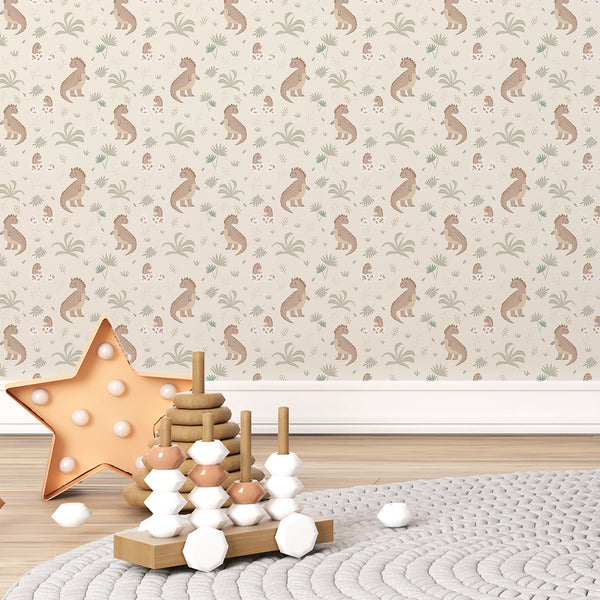 Beige Dinosaur Nursery Wallpaper L153