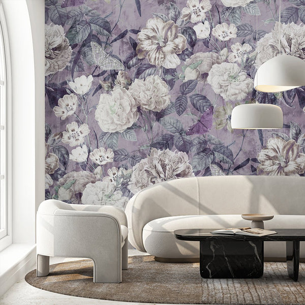 Purple Vintage Flower Garden Wall Mural SM048 - CostaCover - Peel and stick Removable Wallpaper - accent wallpaper - adhesive wallpaper - bathroom wallpaper