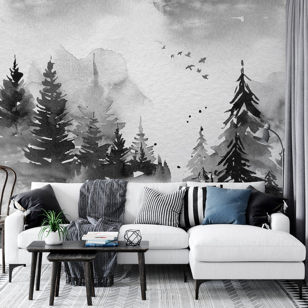 Black & White Woodland Wall Mural WM027 - CostaCover - Peel and stick Removable Wallpaper - adhesive wallpaper - bedroom interior - bedroom wallpaper