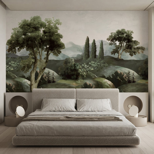 Vintage botanical landscape mural with olive and dark green trees, misty gray mountains, rolling hills, and painterly foliage for living room or bedroom decor.