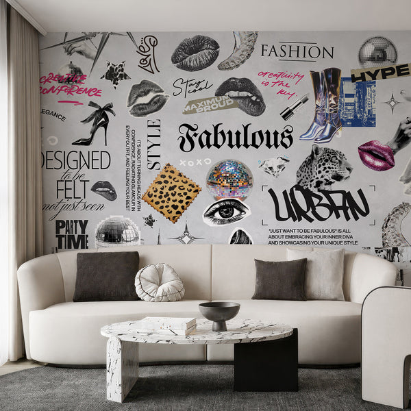 Glam fashion mural with metallic blues and pop-culture graphics, offering an editorial drama ideal for creative spaces or teen rooms.