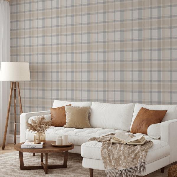 Country cottage wallpaper featuring soft dusty blue, warm beige and cream plaid checks, ideal for farmhouse living rooms and vintage-inspired decor.