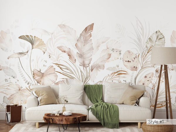 Tropical Pastel Palm Leaves Wall Mural WM017 - CostaCover - Peel and stick Removable Wallpaper - baby bedroom - bedroom interior - bedroom wallpaper