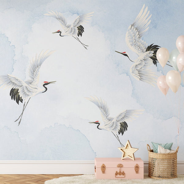 Chinoiserie Crane Blue Grasscloth Wall Mural CG004 - CostaCover - Traditional Wallpaper - abstract wallpaper - accent wallpaper - bathroom wallpaper
