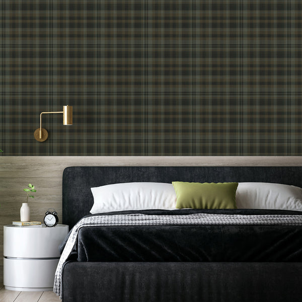 Geometric plaid wall covering featuring a layered check pattern in muted green, charcoal gray, and brown, suitable for a masculine bedroom or office.