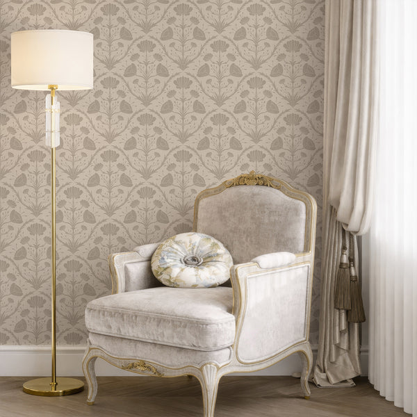 Close-up of taupe vintage floral wallpaper with muted tones and orderly pattern, adding calm elegance to dining rooms or living areas. The high-quality removable design is perfect for those aiming for a temporary, heritage-inspired decor.
