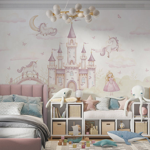 Pink Green Magical Kingdom Wall Mural AM131 - CostaCover-Peel and stick Removable Wallpaper-accent wallpaper-adhesive wallpaper-baby bedroom