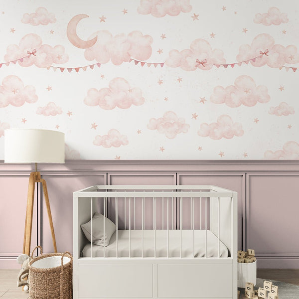 Pink Clouds Moon & Bunting Wall Mural SM072 - CostaCover - Peel and stick Removable Wallpaper - Abstract - abstract wall art - abstract wallpaper
