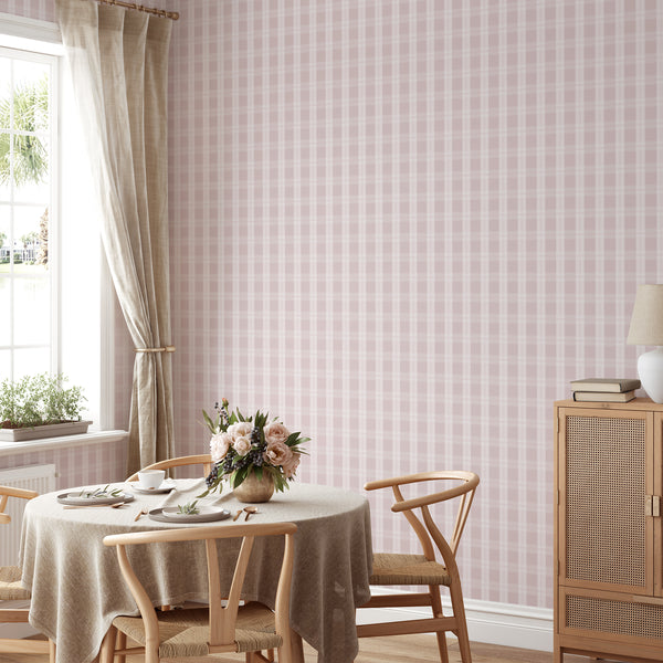 Farmhouse plaid wallpaper in pale pink and ivory with fine intersecting lines, creating a warm backdrop for kitchens, nurseries, and living spaces.