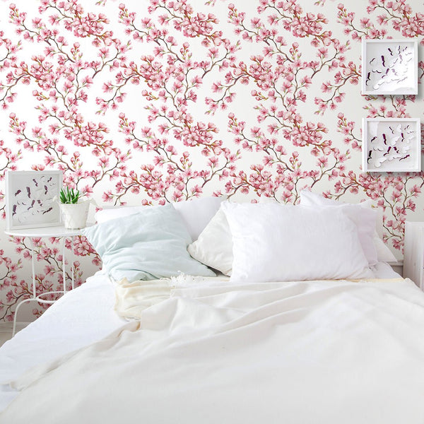 Watercolor Cherry Blossoms Wallpaper CC133 - CostaCover - Peel and stick Removable Wallpaper - accent wallpaper - adhesive wallpaper - Backsplash panels