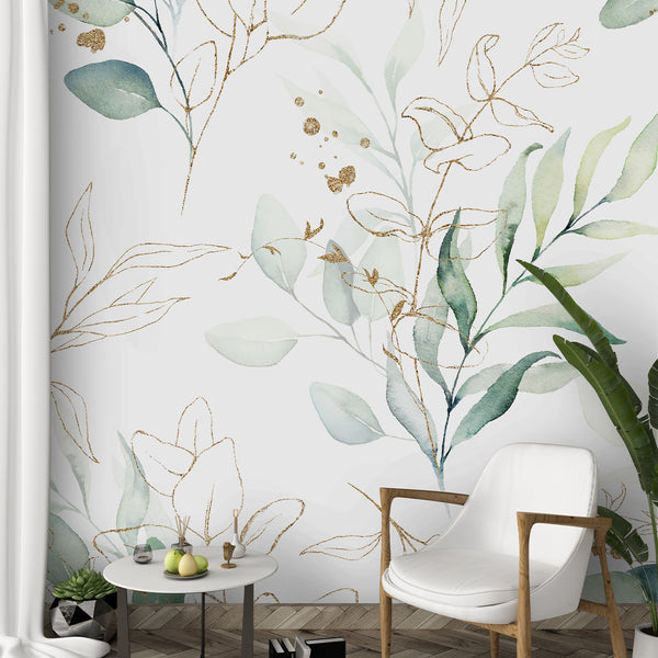 Eucalyptus Wallpaper featuring watercolor leaves and subtle metallic gold accents, perfect for adding an organic touch to bathrooms or home offices. The medium-scale design, printed with visible watercolor bleed, is easy to reposition, making it ideal for designers seeking a high-quality, eco-friendly wallpaper.