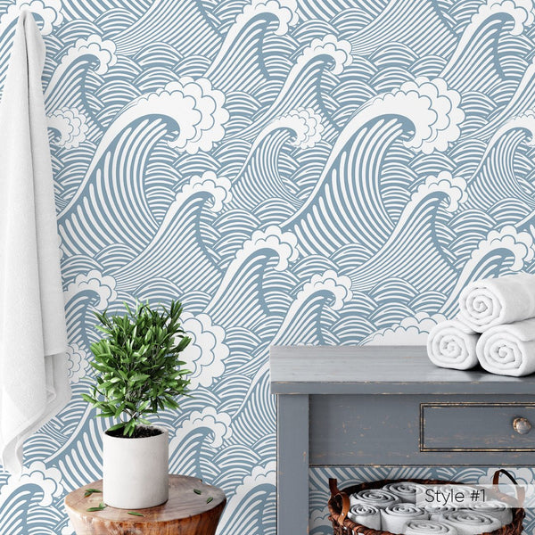 Blue Japanese Waves Wallpaper W002 - CostaCover - Peel and stick Removable Wallpaper - adhesive wallpaper - aqua blue - Aqua blue wallpaper