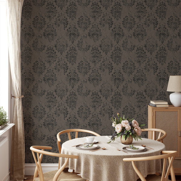 Refined damask pattern on taupe ground with near-black motifs, creating a heritage finish perfect for living rooms.