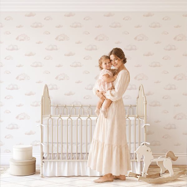 Soft beige cloud wallpaper with delicate watercolor texture and airy white space, ideal for a nursery, toddler bedroom, or kids playroom.