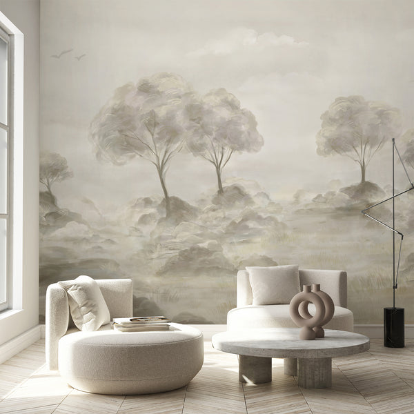 Misty landscape wall mural featuring watercolor trees, grasses and subtle foliage in beige, greige and taupe tones for a modern nature inspired interior.