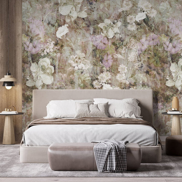 Beige Vintage Flowers Garden Wall Mural SM046 - CostaCover - Peel and stick Removable Wallpaper - abstract floral - accent wallpaper - adhesive wallpaper