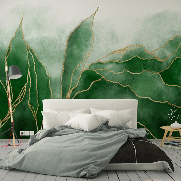 Green Gold Leaves Wall Mural CCM014 - CostaCover - Peel and stick Removable Wallpaper - Abstract - abstract lines - abstract wall art