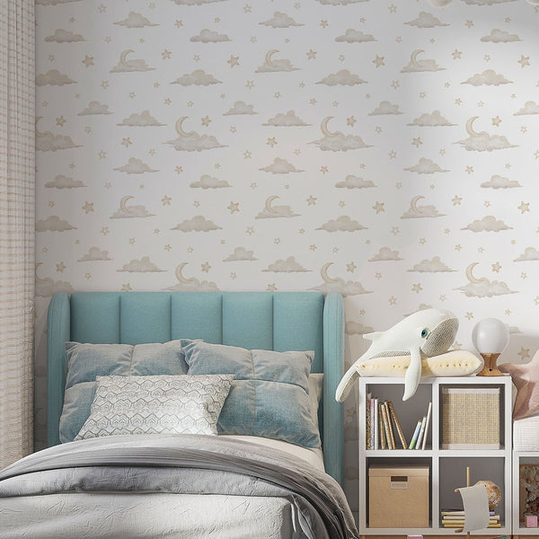 Tiny Clouds & Moon Wallpaper A055 - CostaCover-Peel and stick Removable Wallpaper-accent wallpaper-adhesive wallpaper-baby bedroom