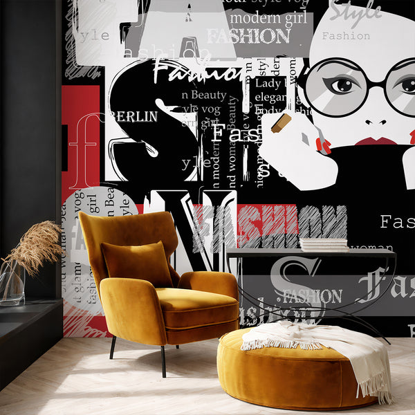Black white and red fashion collage wallpaper with a stylish woman in round glasses, bold typography and editorial graphics for modern interiors.