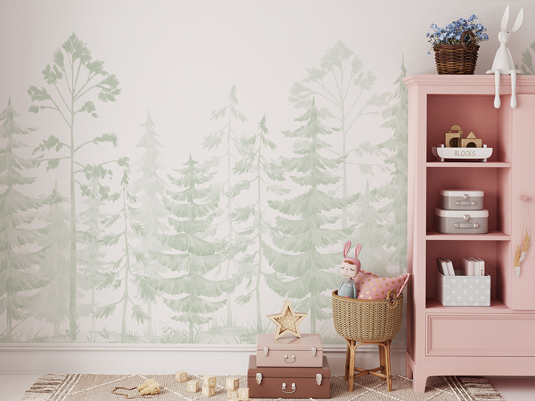 Soft Green Watercolor Pine Trees Wall Mural WM096