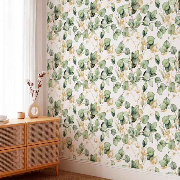 Green & Gold Eucalyptus Wallpaper CC283 - CostaCover - Peel and stick Removable Wallpaper - abstract floral - abstract wallpaper - accent wallpaper