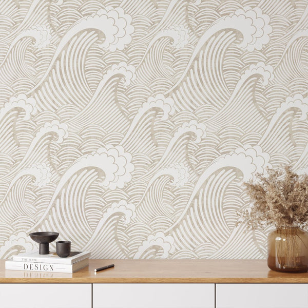 Beige Japanese Waves Wallpaper W003 - CostaCover - Peel and stick Removable Wallpaper - adhesive wallpaper - bedroom interior - bedroom wallpaper