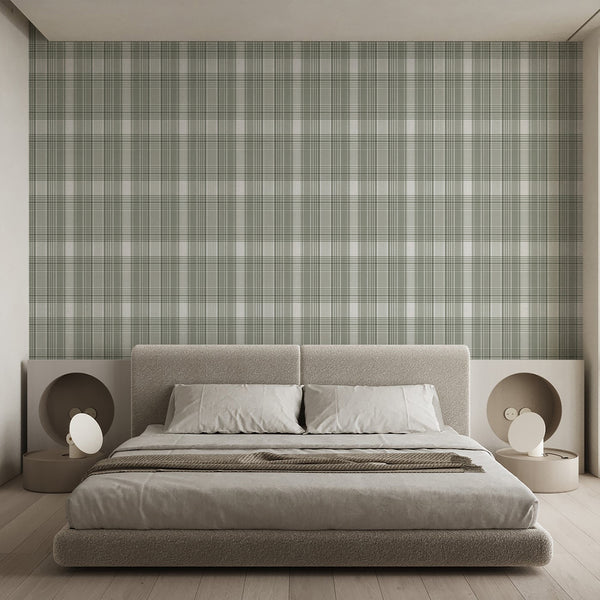Classic green checkered wallpaper with repeating geometric squares and soft sage tones, bringing a cozy cottagecore look to bedroom or living room walls.