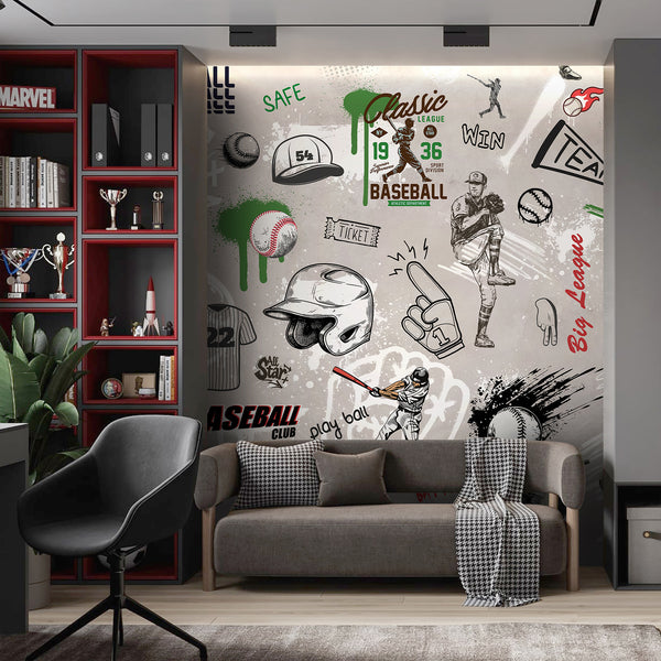 Baseball Graffiti Wall Mural featuring sketched players, bats, helmets, and spray-paint textures, perfect for a teen bedroom or sports den. This modern urban removable wallpaper offers energetic movement with black linework, green drips, and red-brown accents, ideal for creating a bold and dynamic accent wall.