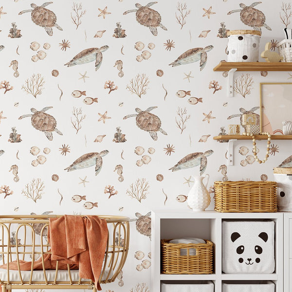 Beige Brown Turtles Wallpaper CC355 - CostaCover - Peel and stick Removable Wallpaper - abstract wallpaper - accent wallpaper - adhesive wallpaper