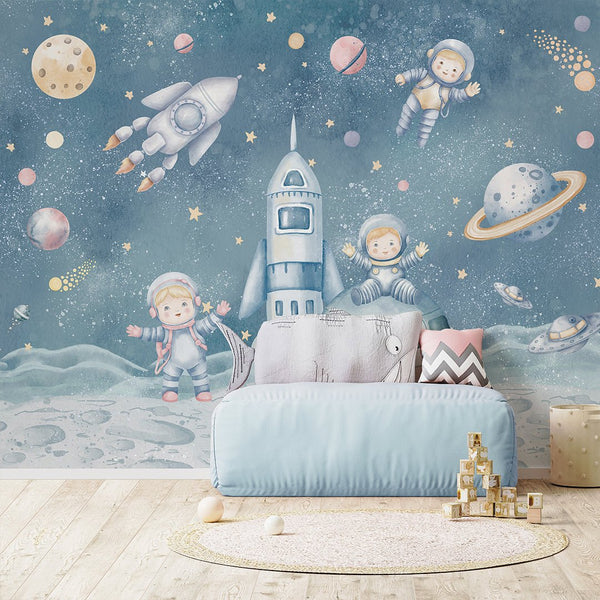 Pastel Blue Astronauts & Rockets Wall Mural SM084 - CostaCover - Peel and stick Removable Wallpaper - accent wallpaper - adhesive wallpaper - baby bedroom