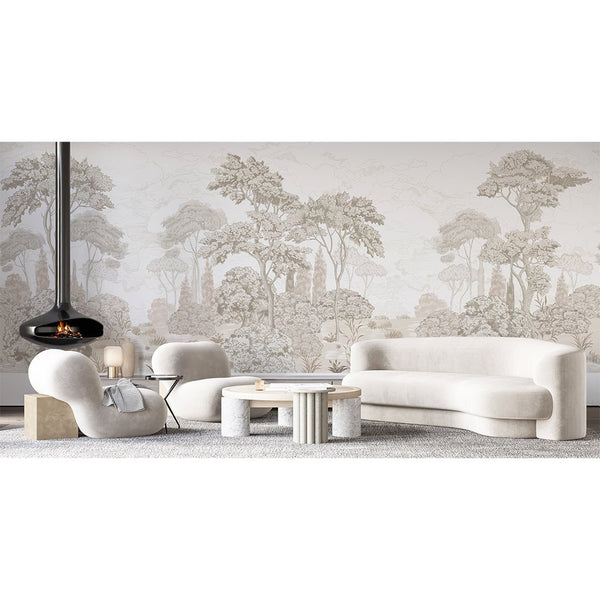 Vintage Forest Wall Mural with a focus on layered tree groups and fine linework. The sepia and taupe tones create a serene backdrop for bedrooms, perfect for those seeking a vintage forest design with eco-friendly materials.