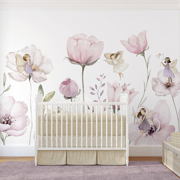 Pink Flower Fairy Wall Mural SM049 - CostaCover - Peel and stick Removable Wallpaper - accent wallpaper - adhesive wallpaper - baby bedroom