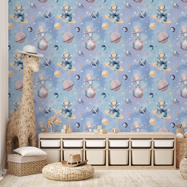 Blue Astronauts & Planets Wallpaper S117 - CostaCover-Peel and stick Removable Wallpaper-accent wallpaper-adhesive wallpaper-bathroom wallpaper
