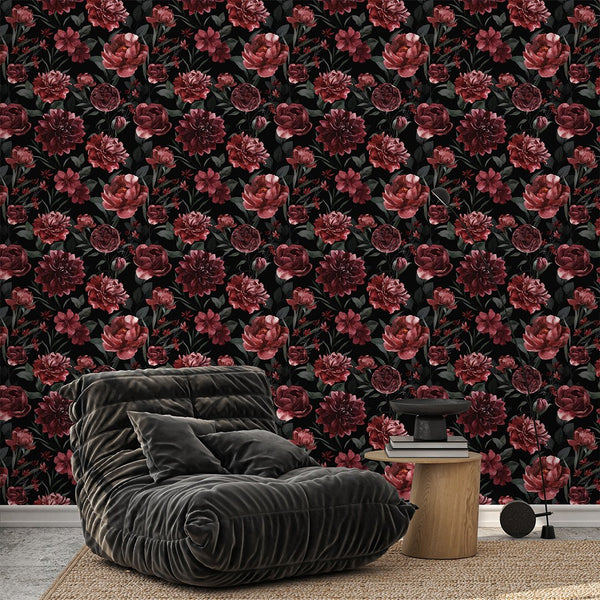 Dark Burgundy Flowers Wallpaper S057 - CostaCover - Peel and stick Removable Wallpaper - abstract wallpaper - accent wallpaper - adhesive wallpaper