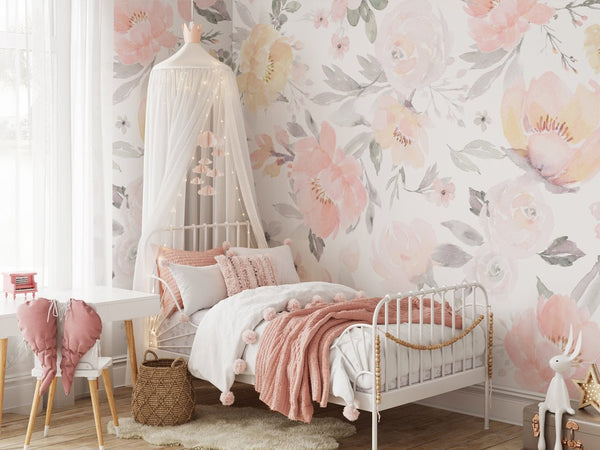 Pink & Yellow Flowers Wall Mural WM003 - CostaCover - Peel and stick Removable Wallpaper - accent wallpaper - adhesive wallpaper - bedroom wallpaper