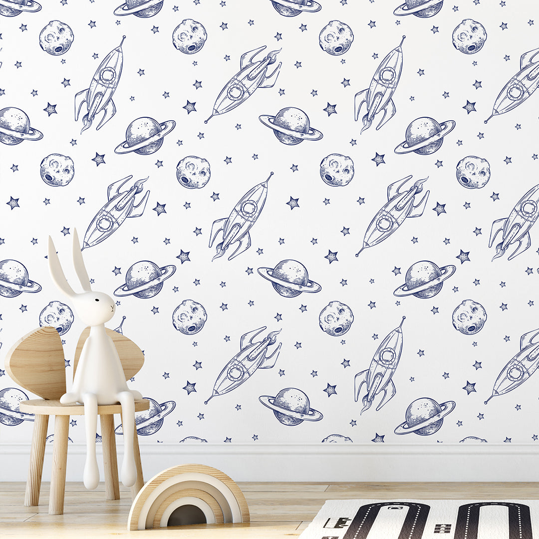 Line Art Spaceship & Planet Wallpaper S130