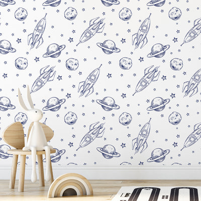 Line Art Spaceship & Planet Wallpaper S130