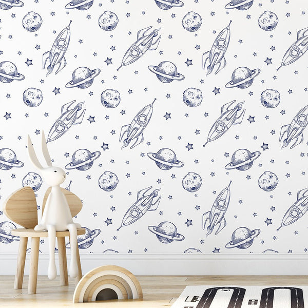 Line Art Spaceship & Planet Wallpaper S130 - CostaCover-Peel and stick Removable Wallpaper-abstract wall art-accent wallpaper-adhesive wallpaper